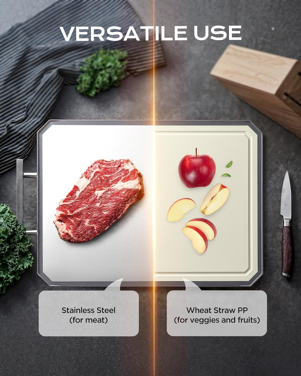 RGHJAR-SNOWCLAD Stainless Steel Cutting Board,Double Sided Steel Bread Boards for kitchen,Stainless Steel/Wheat straw pp Large Board for meat,non toxic Chopping,16 * 11 Inch,Dishwasher Safe