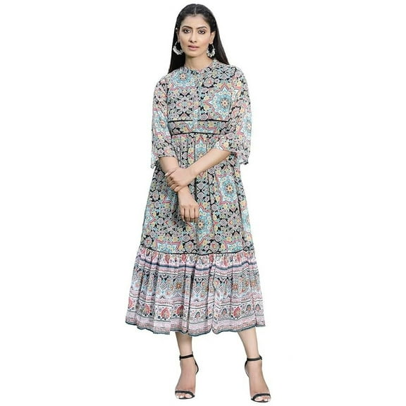 Black Geometric Printed Chiffon Tiered Maxi Dress With Buttons.