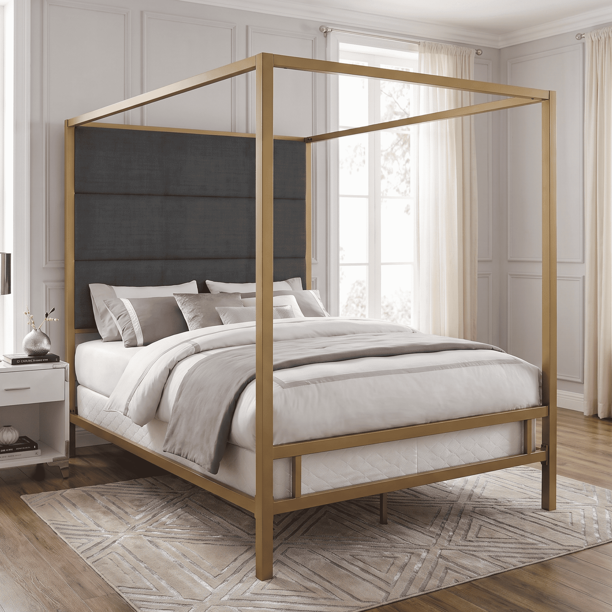 Euroco Metal Queen Size Canopy Bed with Linen Fabric Upholstered Headboard, 4-Poster Platform Bed, No Box Spring Needed, Gold