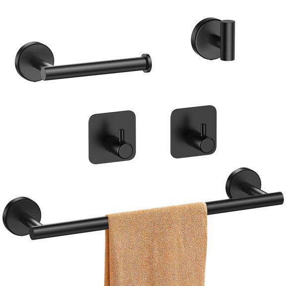 AndHot Bathroom Hardware Accessories Set, 5Pcs Stainless Steel Bath Towel Bar Set, 16'' Towel Racks Toilet Paper Holder for Bathroom Wall Mounted,Heavy Duty,Bathroom Hardware Accessories,Matte Black