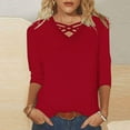thumbnail image 3 of tklpehg Fall Shirts for Women 2025 V-Neck Mid-length Tops Leisure 3/4 Sleeve Tops Going Out Tops Fall Clothes Comfortable Solid Color Womens Clothes Blouses Pullover Red XXL, 3 of 5