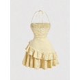 thumbnail image 2 of Yellow 2 Gingham Daisy Print Ruched Halter Dress With Tiered Ruffle Skirt, 2 of 29