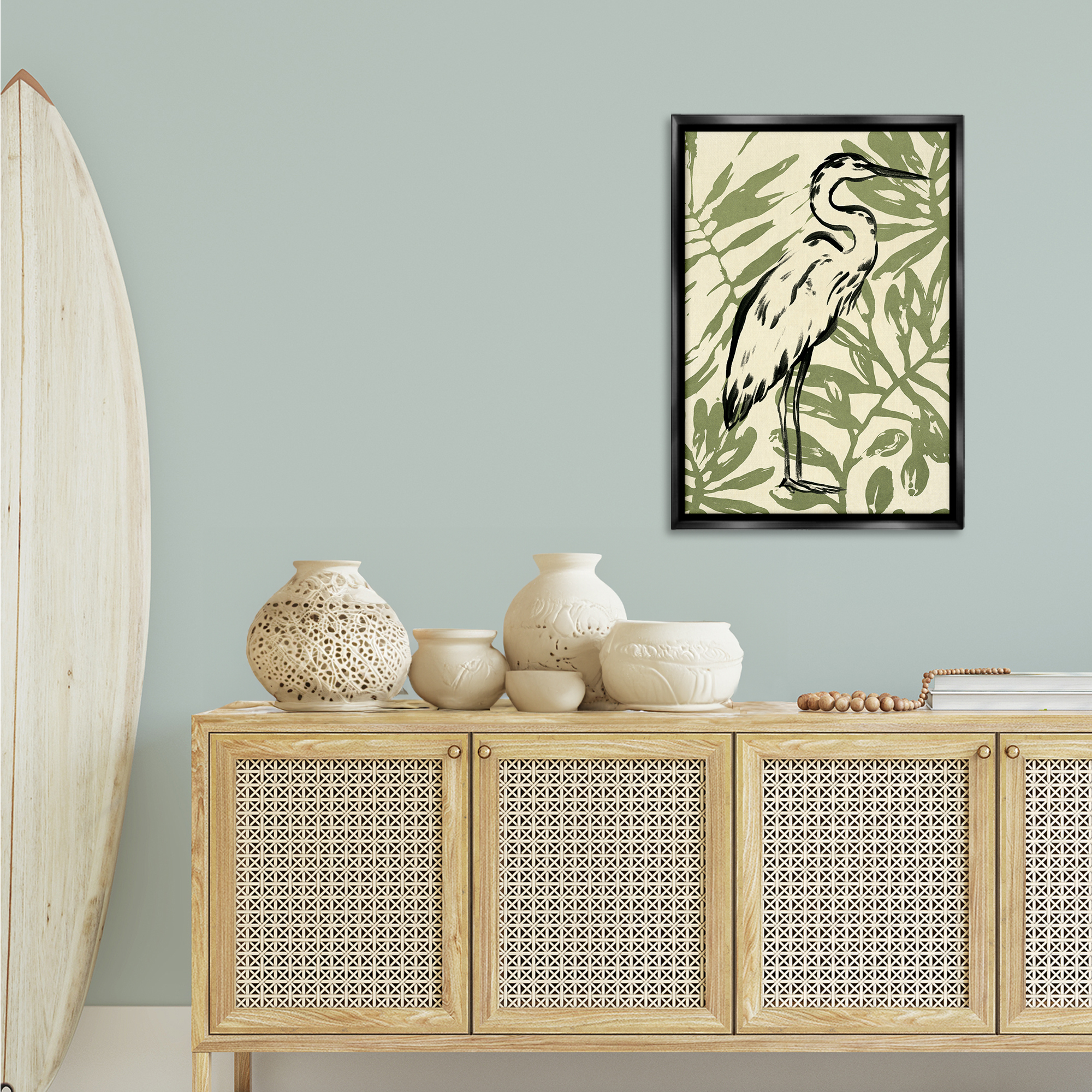 Stupell Industries Tropical Leaves & Bird Animals & Insects Painting Black Floater Framed Canvas Art Print Wall Art, 21 x 31