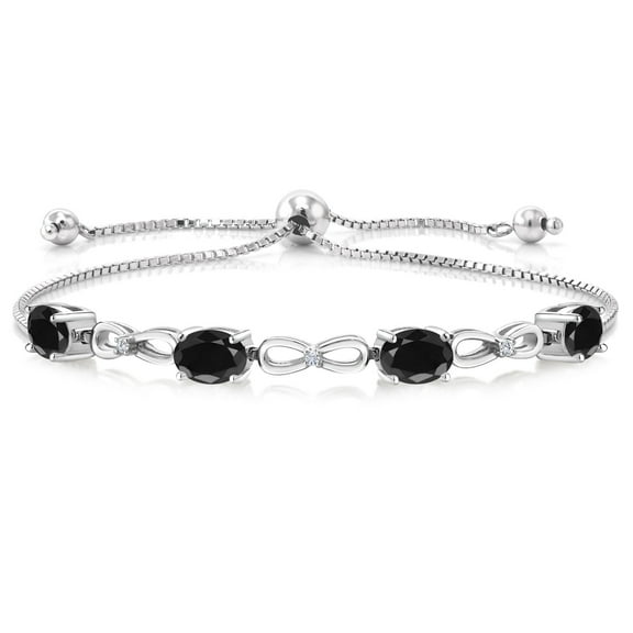Gem Stone King 4.42 Cttw 7X5MM Oval Black Sapphire and Lab Grown Diamond 925 Sterling Silver Bracelet for Women | Adjustable Bolo Bracelet for Women | Easy-On Easy-Off