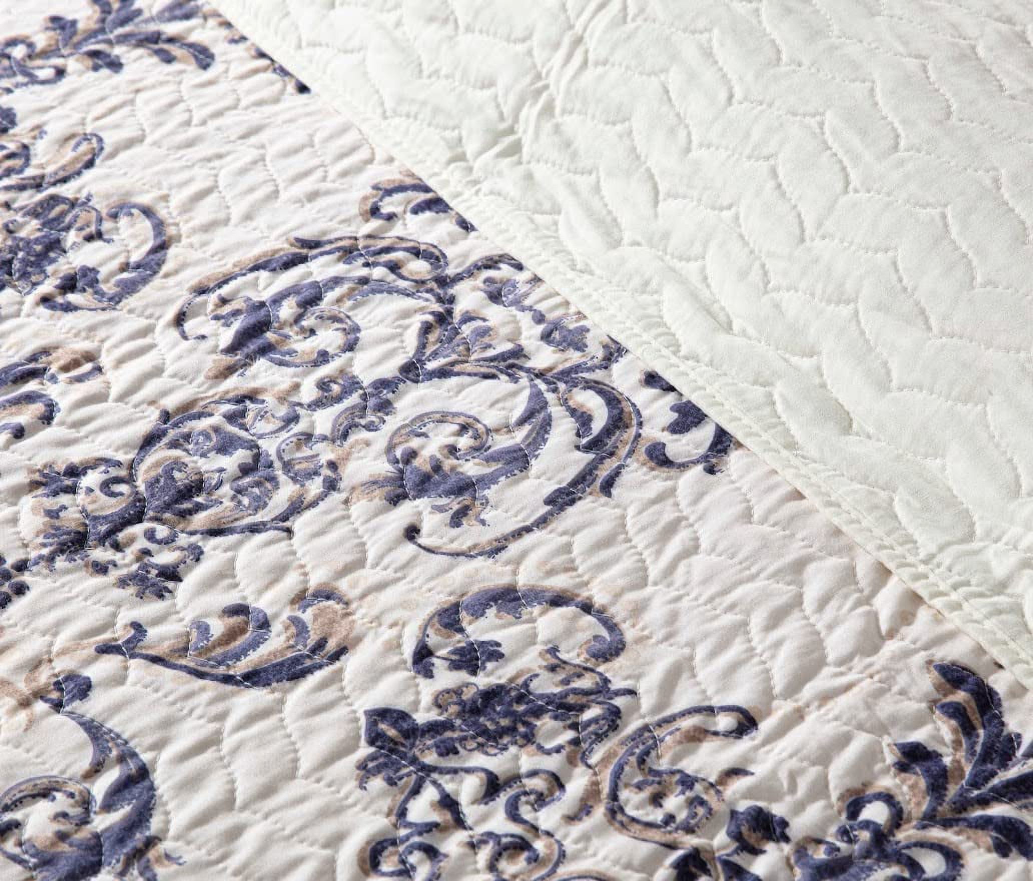 Chezmoi Collection Chloris 3-Piece Pre-Washed Medallion Quilt Set, Printed Floral Microfiber Navy Blue Taupe Light Ivory Bedspread, Queen