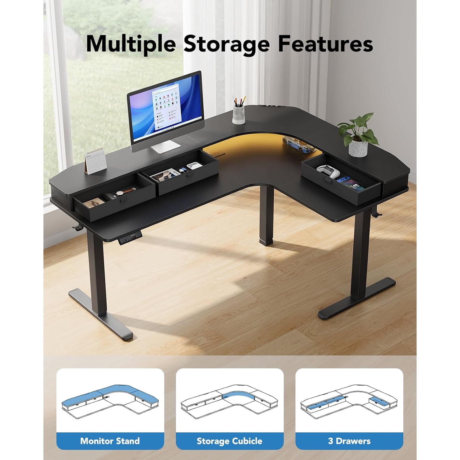 Kyspho 65″ Electric Standing Desk with LED Strip & Power Outlets, L-Shaped Corner Desk with 3 Drawers, Adjustable Height Computer Desk, Black
