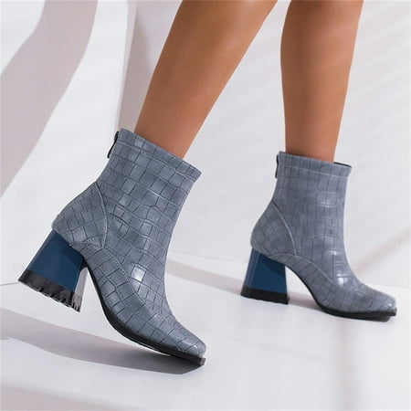 

Wefuesd Ladies Fashion Colorblock Leather Back Zipper Square Toe Chunky High Heel Booties Sorel Boots Women Womens Fashion Blue 38