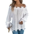thumbnail image 2 of Women'S Solid Color Openwork Long-Sleeved Sweater, Off-Shoulder Knit Pullover White XL, 2 of 9