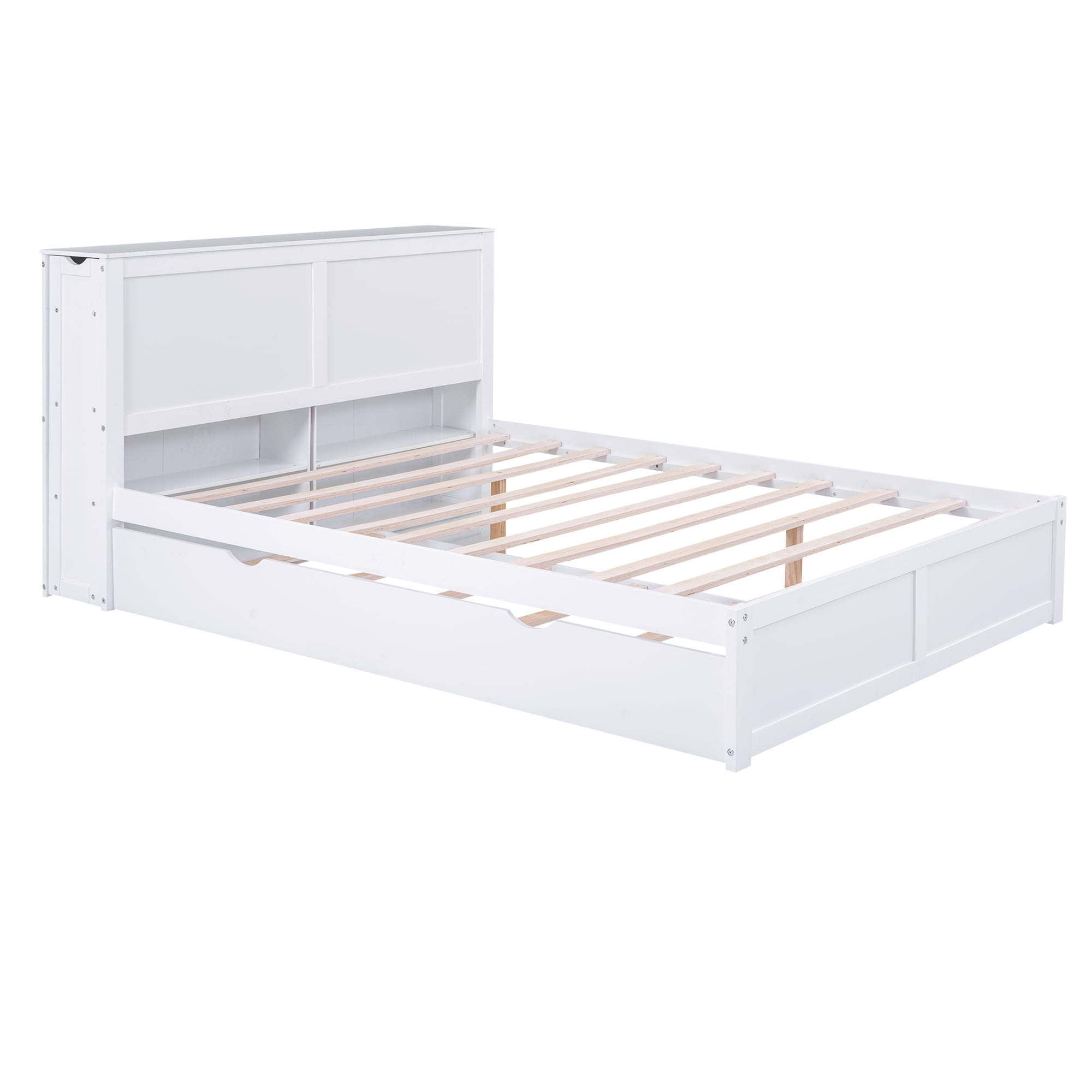 Euroco Queen Size Wood Platform Bed with Trundle and Storage Cabinet for Adults Bedroom