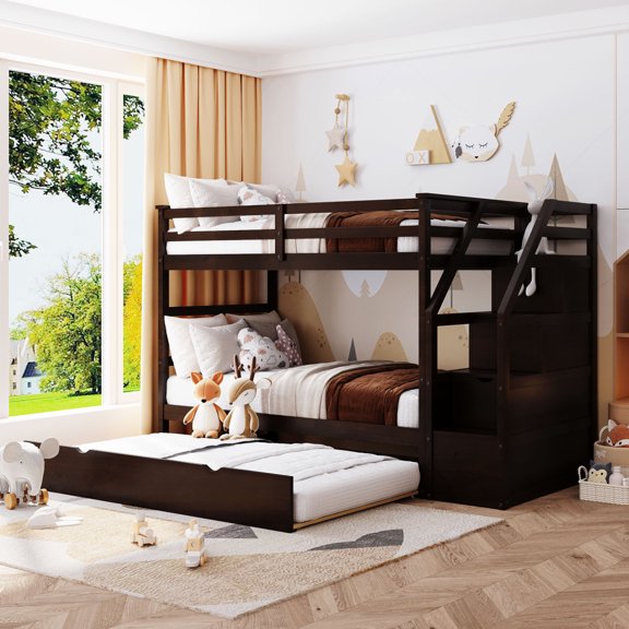 New Twin-Over-Twin Bunk Bed with Twin Size Trundle and 3 Storage Stairs,Espresso