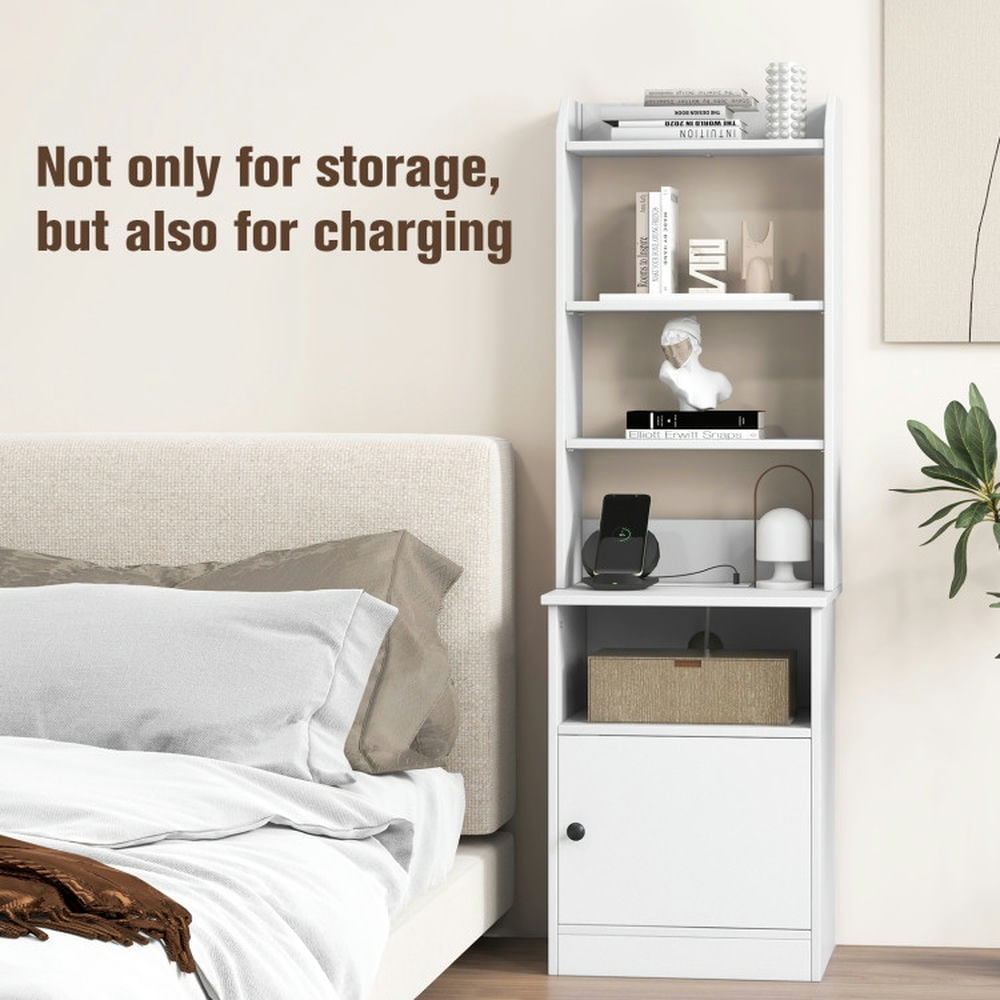 Demi Bonn 6-Tier Bookshelf with Charging Station and Cabinet, Wood Free Standing Bookcase with 5 Open Shelf, White