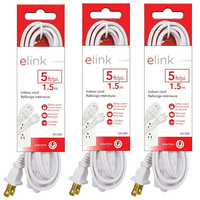 Elink - Ensemble de 3 Rallonges Électriques d'Intérieur à 3 Prises, Longueur de 5 Pieds, Blanc