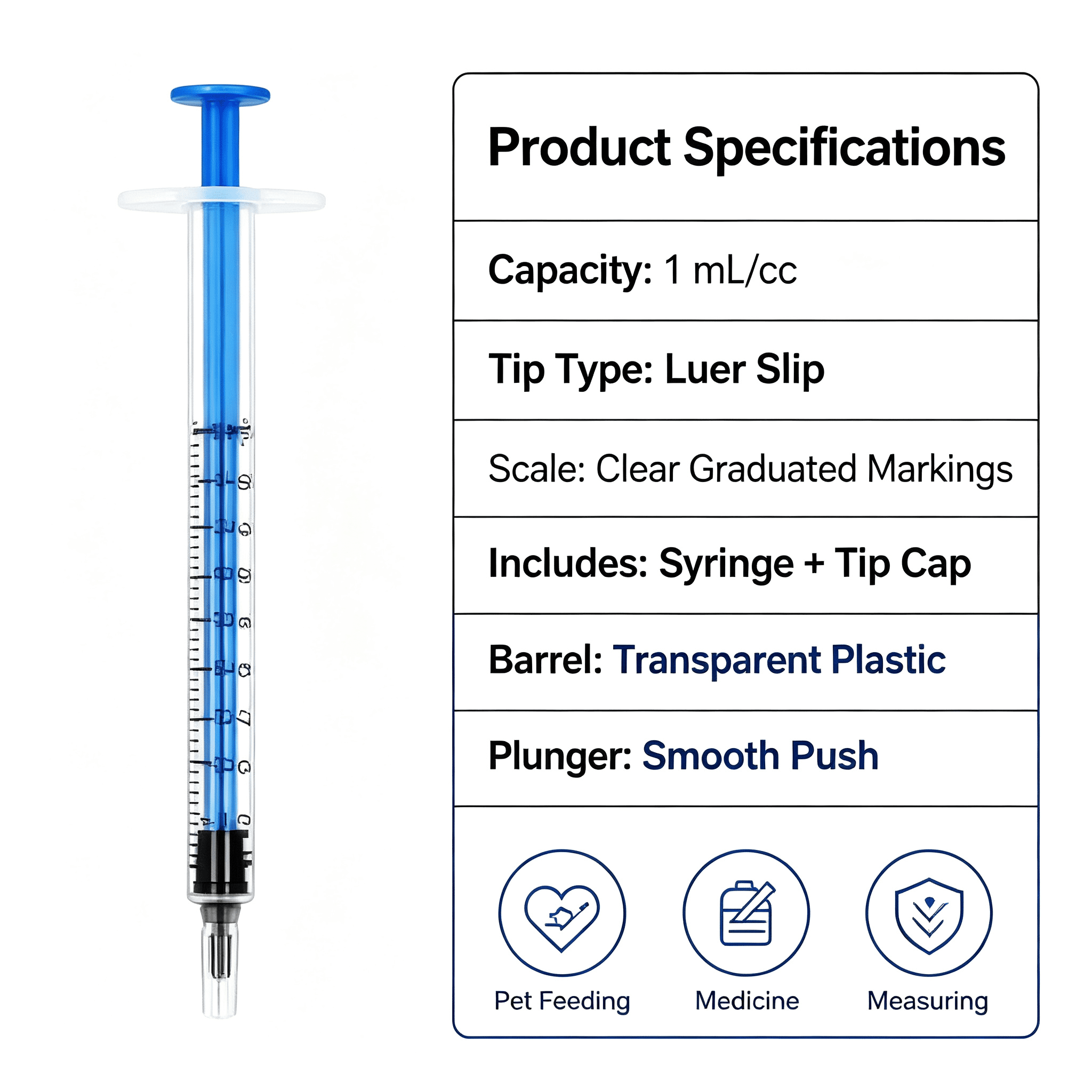 1ml Luer Slip Oral Syringe with Caps, Accurate Liquid Dispenser for Pet Medicine & Feeding