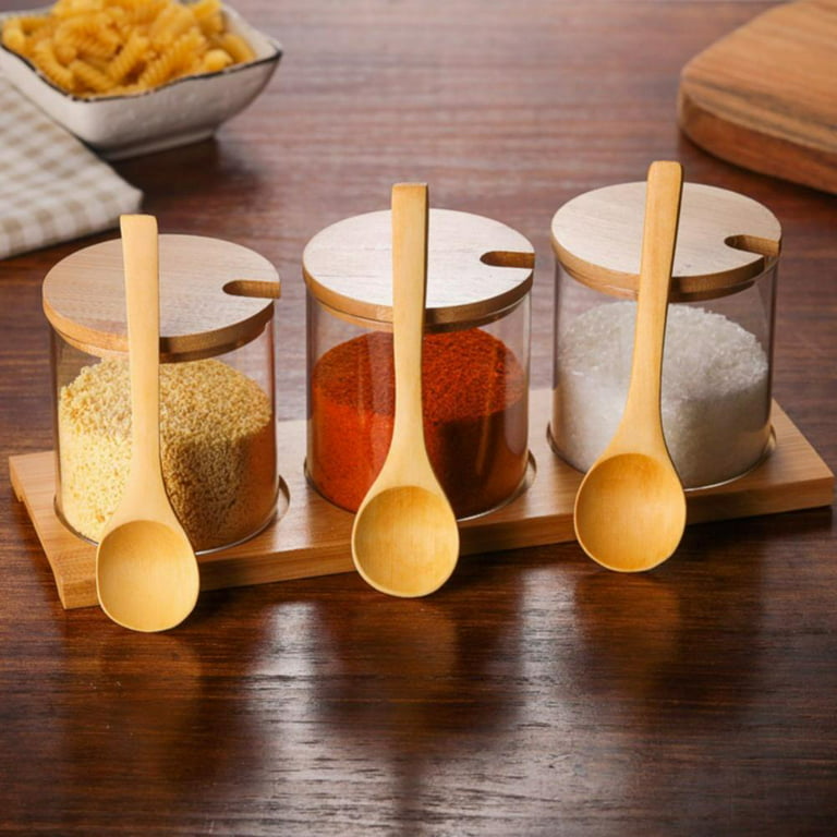1 Set 300ml Kitchen Glass Seasoning Bottle Set (3 Bottles + 3 Spoons + 1  Tray) With Bamboo Lid For Salt, Sugar, Spice Storage