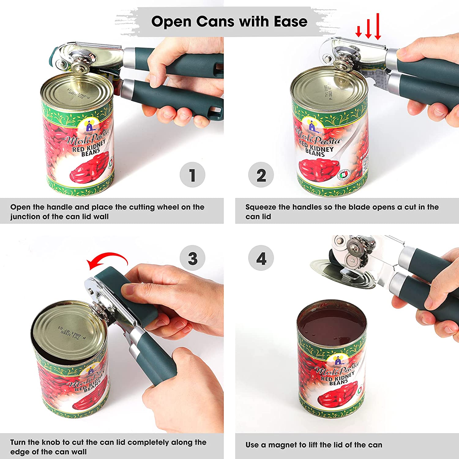 Heavy Duty Hand Can Opener Manual with Magnet, Durable Sharp Carbon Steel Blade Smooth Cutting, Big Effort-Saving Knob & Soft Grip Handle, Multifunctional Kitchen Tool with Bottle Opener, Green