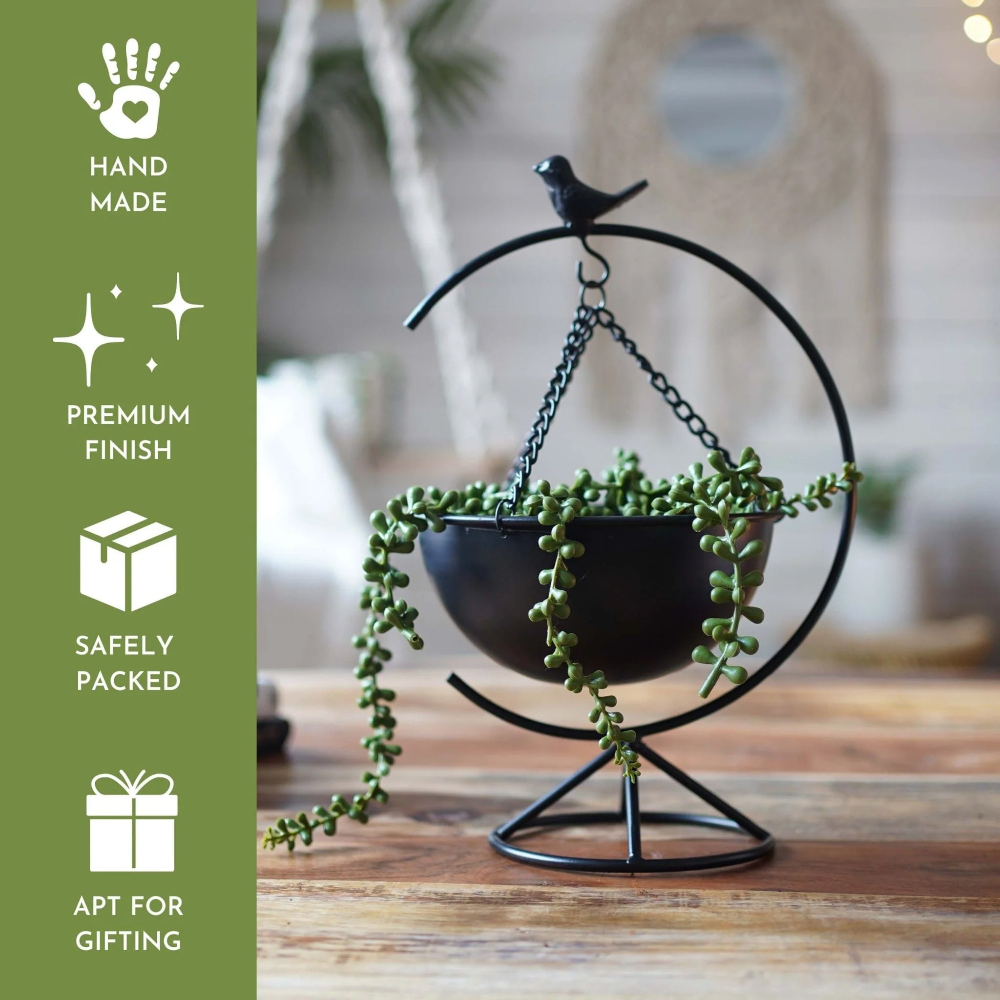 Science Purchase Elegant Matte Black Metal Bird Floor-Standing Indoor Planter with Hanging Bowl for Small Plants, 13-inches Tall x 8.6-inches Wide