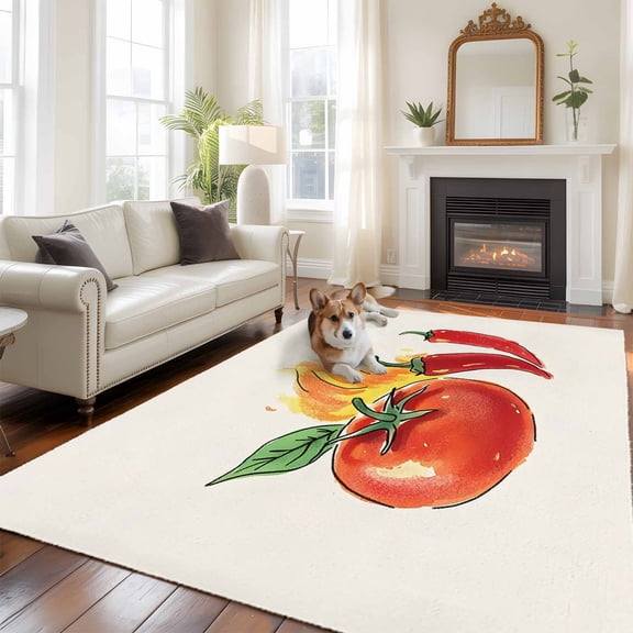 6'x9' Area Rugs, Tomato Chili Indoor Outdoor Area Rug for Living Room Bedroom, Watercolor Fire Vegetable Washable Bathroom Rugs Kitchen Floor Carpet Mats Home Decor Aesthetic
