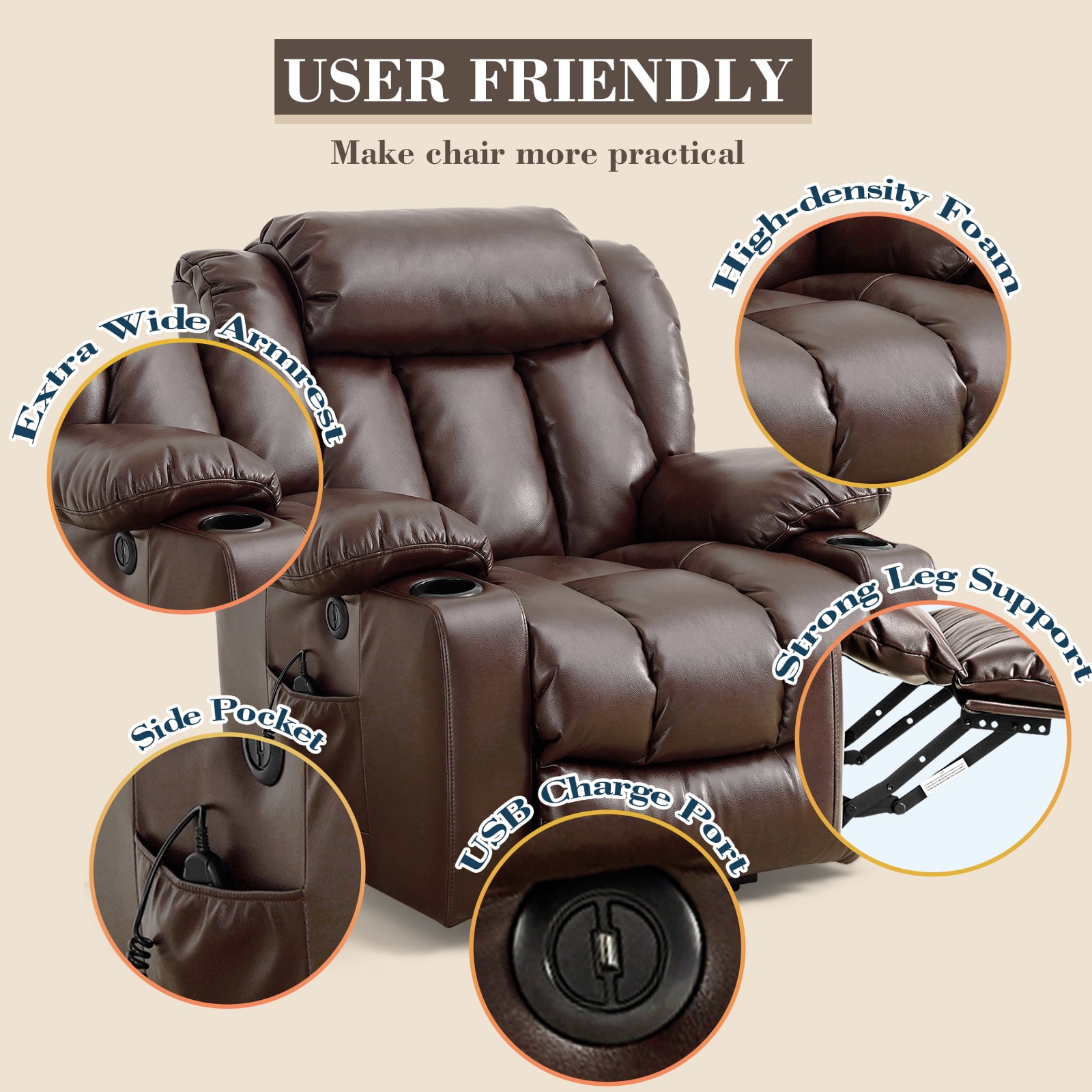 TEKAMON Large Power Lift Recliner Chair for Elderly with Heat and Massage Leather Electric Recliners Chair For Living Room with Cup Holders, Remote Control (Brown)