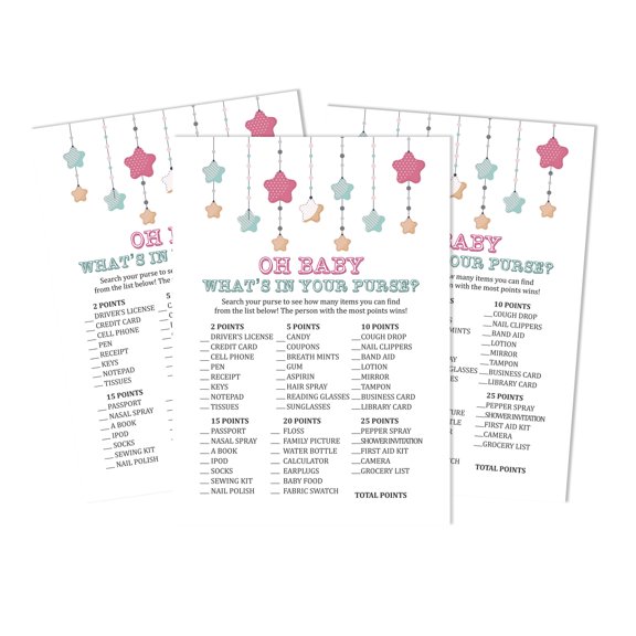 Inkdotpot 50What'sIn Your PurseBaby Shower GameCards Gender Neutral Activity CardsPartyIdea Star Baby Shower Party Supply