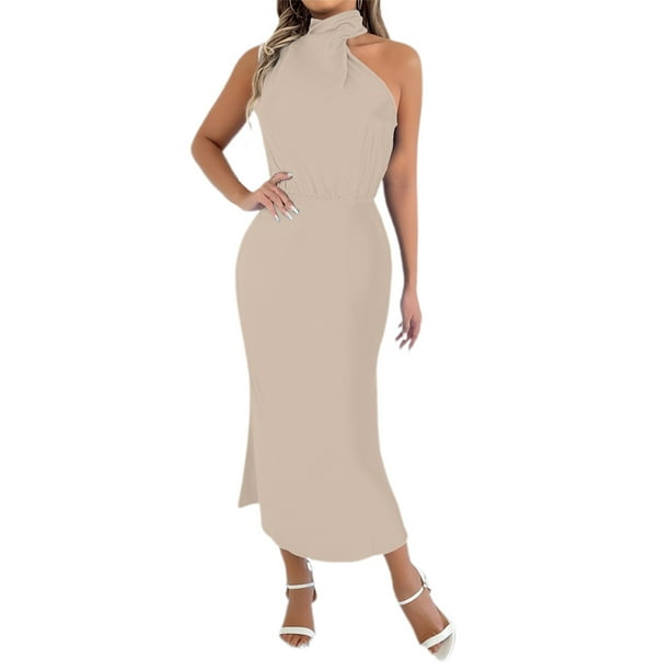 Vestido sin mangas con cuello alto y hombros descubiertos para mujer - Elegante conjunto informal para fiesta - Prenda versátil para primavera y otoño - Tallas XS-XL