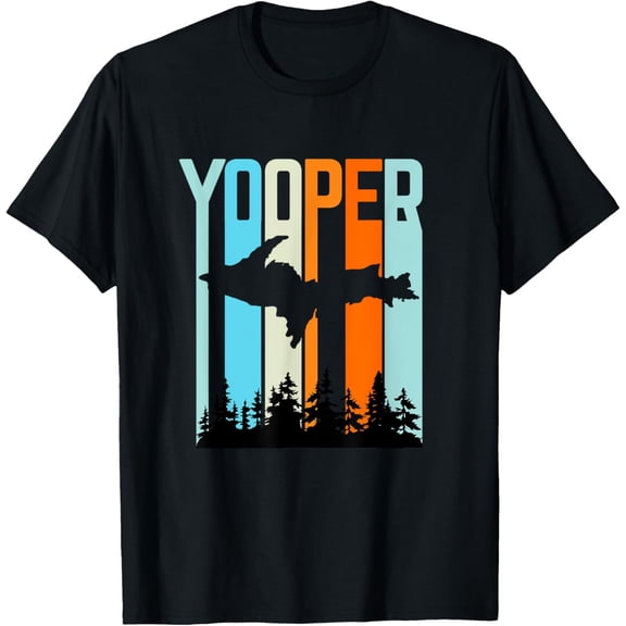 Yooper Michigan Upper Peninsula Retro Sunset T-Shirt Vintage UP Forest Pine Tree Graphic Tee Men Women Unisex Adventure Hiking Apparel