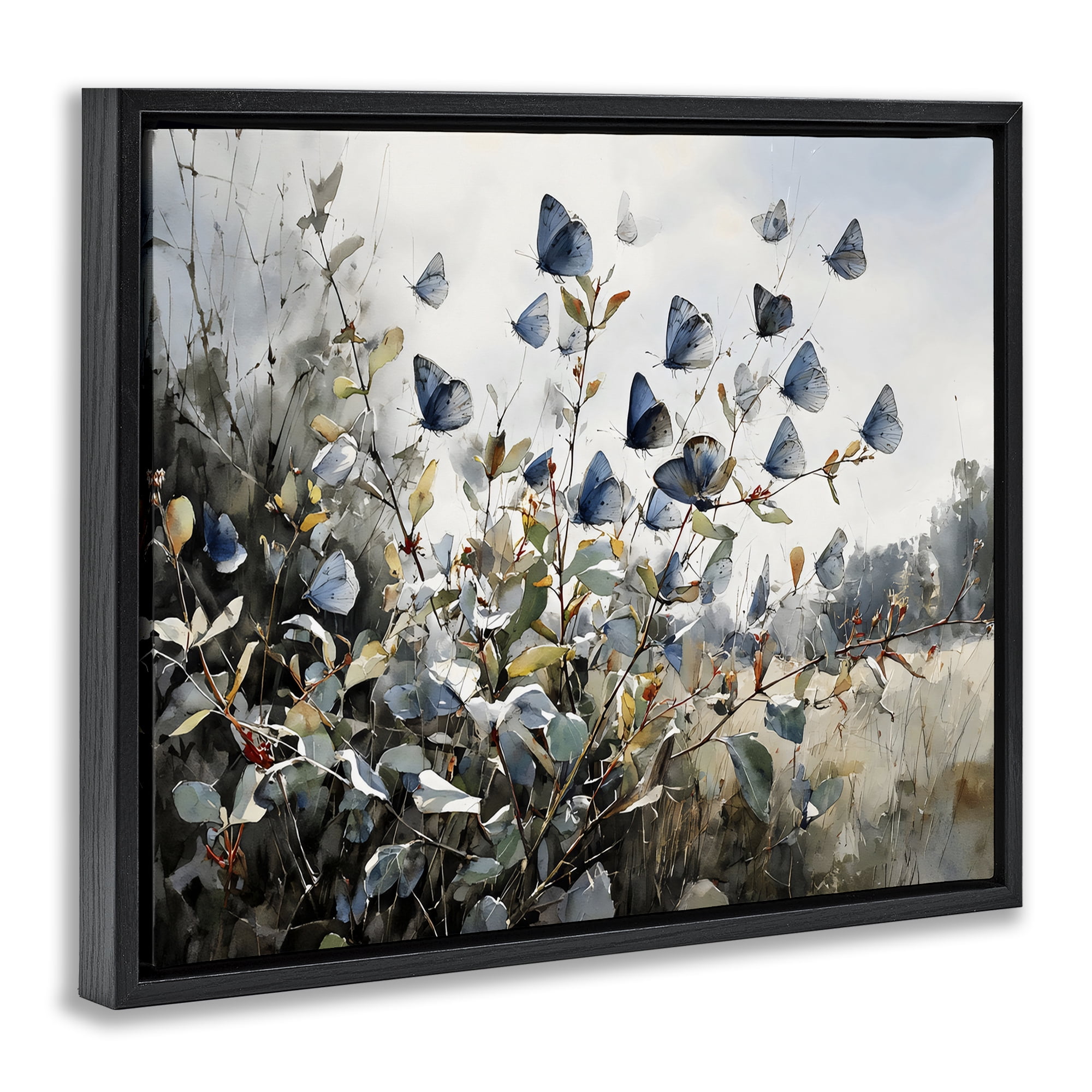 Stupell Industries Blue Butterflies Among Meadow Leaves Black Framed Floater Canvas Wall Art, design by Franklyn Gregory