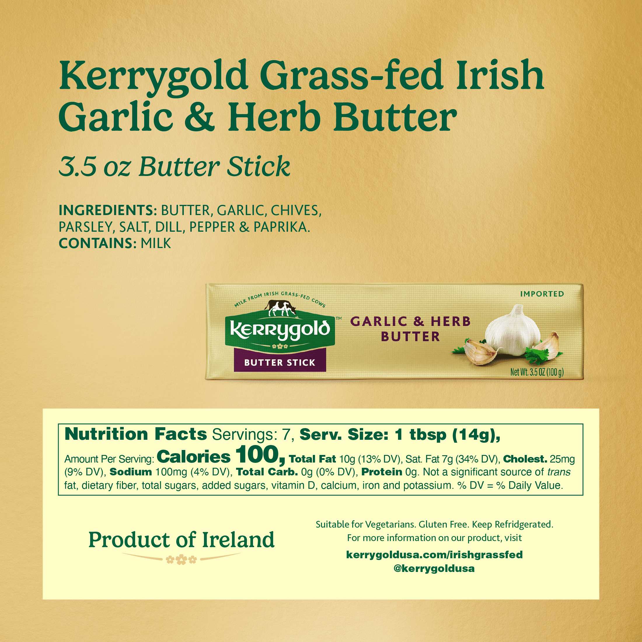 Kerrygold Grass-Fed Garlic & Herb Pure Irish Butter, 3.5 oz.