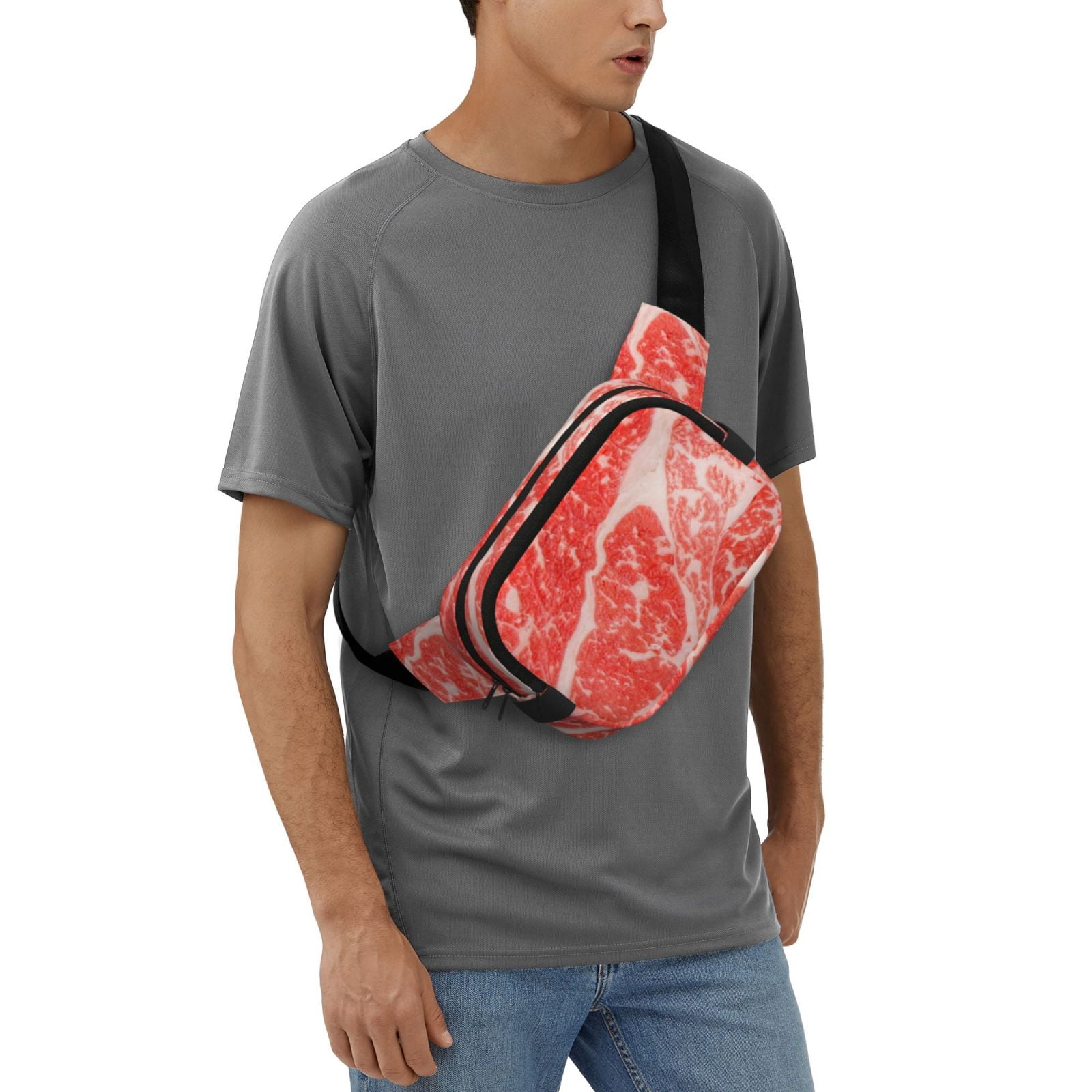 Picia Beef Steaks Print Square Double-Layer Waist Bag Mini Adjustable Waist Belt Bag Exercise Running Travel Hiking