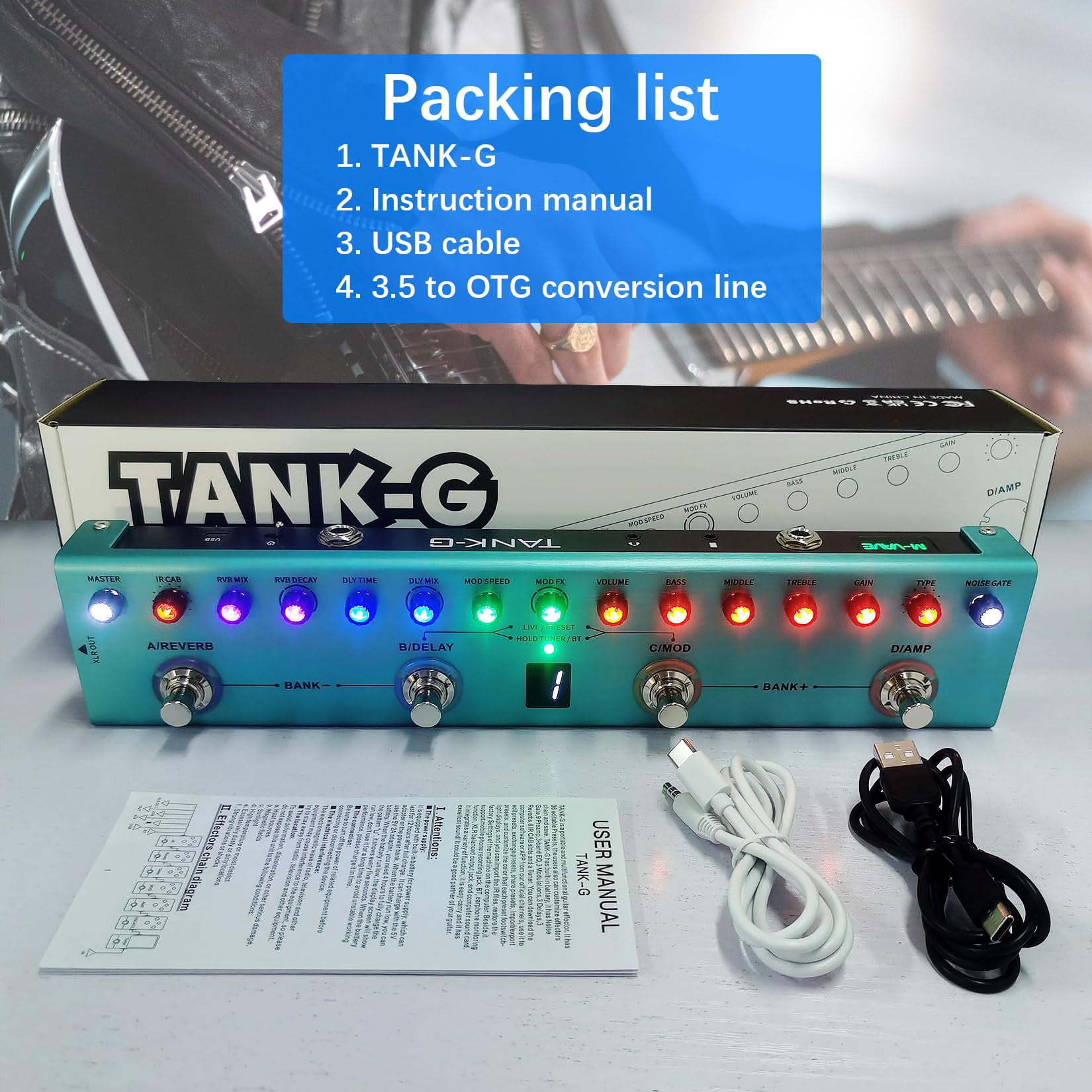 TANK-G Multi-effects Guitar Pedal, 36 Presets, Rechargeable Battery, Delay, Reverb, Modulation, Preamp, Darkgreen