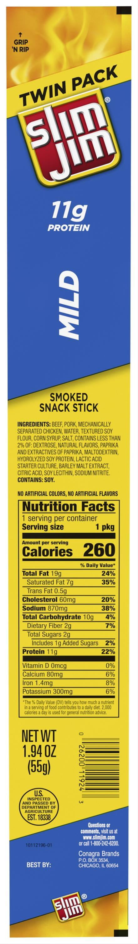 Slim Jim Mild Giant Smoked Snack Stick Twin Pack, 1.94 oz