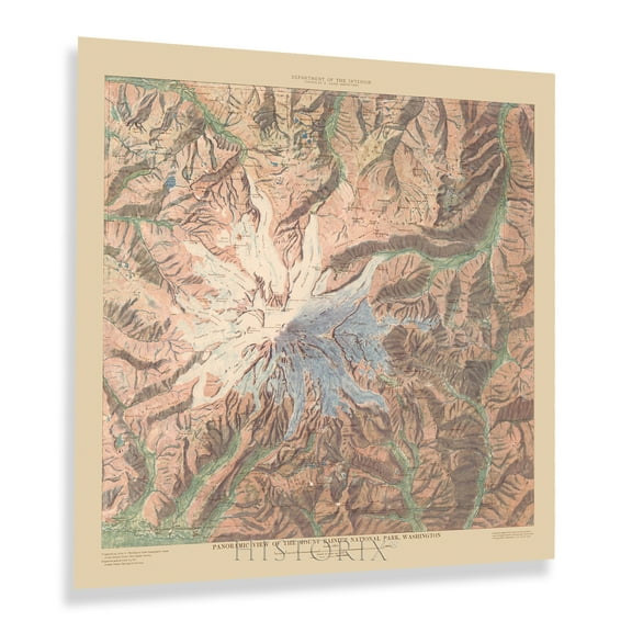 HISTORIX Vintage 1914 Mount Rainier National Park Map Print - 16x16 Inch Old Panoramic View of Mt Rainier National Park Map of Washington State Poster