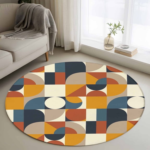 Mid Century 3FT Round Area Rugs for Living Room Orange Brown Beige Blue Abstract Retro Geometric Modern Ultra-Thin Non-Slip Round Rugs Washable Low Pile Circle Carpet for Bedroom Kitchen Nursery