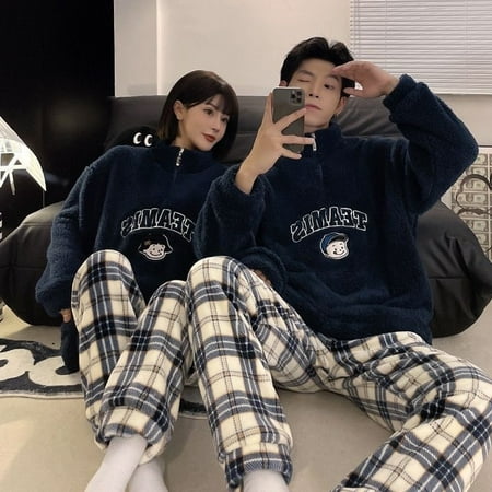 

CoCopeaunt Couple Pajamas Korean Style Pajamas Womens Autumn And Winter Thickened Velvet coral velvet household clothes warm m