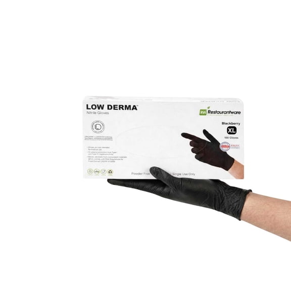 Low Derma Blackberry Extra Large Nitrile Gloves - Hypoallergenic, Non-Sterile, Powder-Free - 100 count box