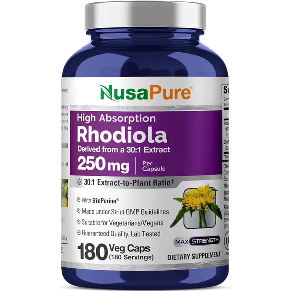 NusaPure Rhodiola Rosea Capsules, 250 mg, 180 Veg Capsules (Non-GMO, Vegan)