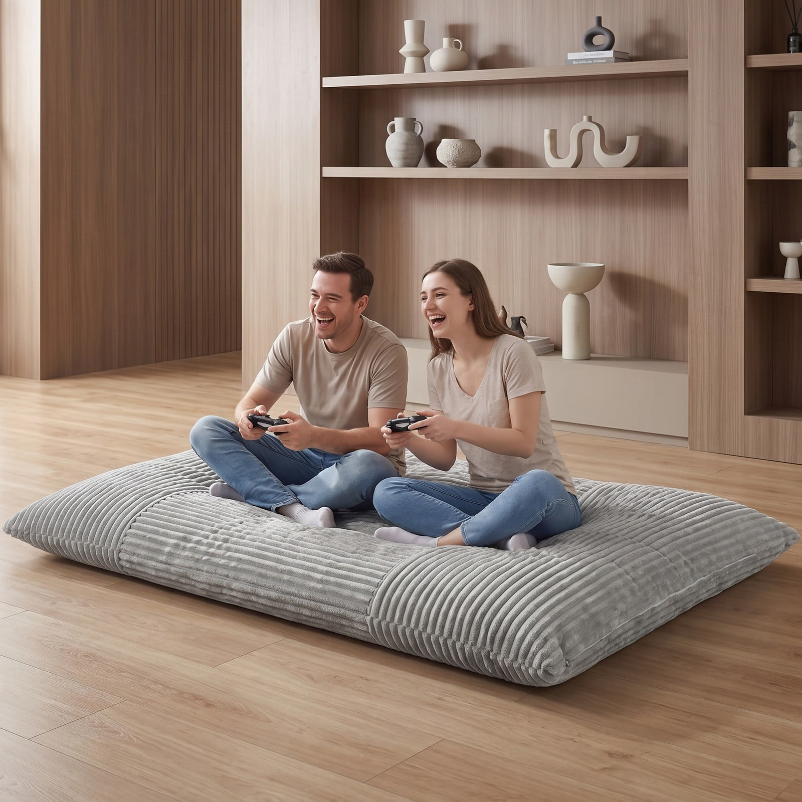 Furnibear Convertible Bean Bag Floor Sofa, Corduroy Machine-Washable Cover Shredded Foam Lounger Bean Bag Bed for Living Room Gaming Reading Dorm Naps, Gray