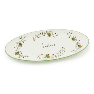 Boston International Holiday Ceramic Oval Serving Platter, 10 x 5-Inches, Pinecones & Bells