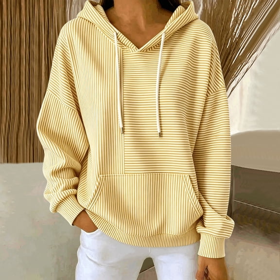 SSZMDLB Women Hooded Sweatshirt Long Sleeve Casual Loose Fit Striped Pullover Tunic Top Party Outfits Spring Autumn Fashion Tee, Yellow M