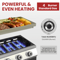 thumbnail image 5 of 4-Burner Propane Flat Top Griddle Grill, 40,000 BTU Outdoor Gas Griddle with 480 Sq. In. Cooking Area, Folding Side Shelves & Rolling Wheels, Black, 5 of 9