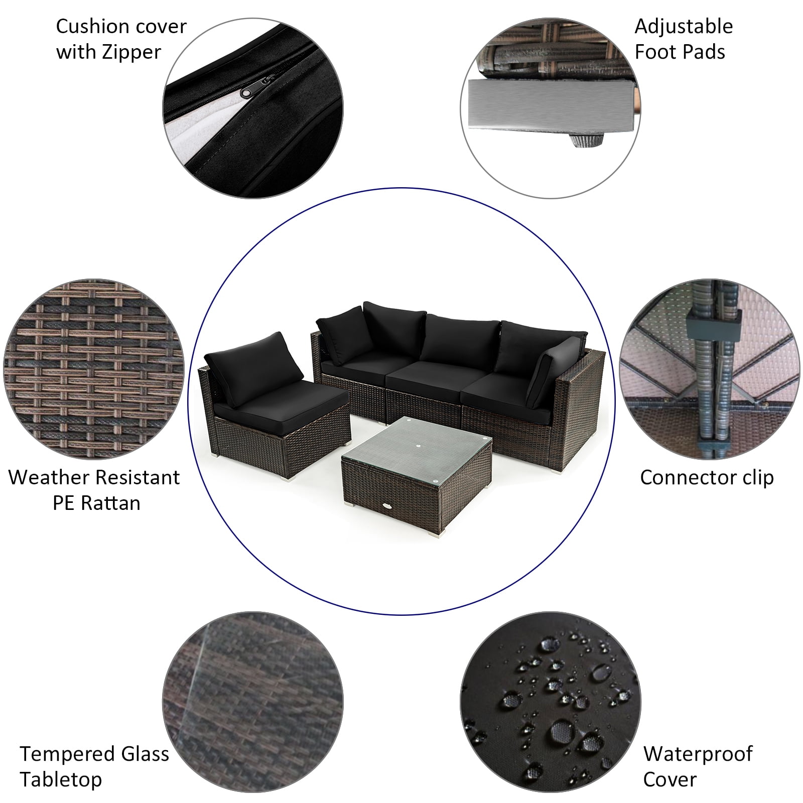 Costway 6PCS Patio Furniture Set Rattan Cushioned Sofa Gas Fire Pit Table Black