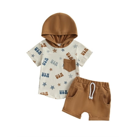 

Qtinghua Toddler Baby Boy 4th of July Outfit Short Sleeve American Flag Letter Hoodie Top Shorts 2Pcs Summer Clothes