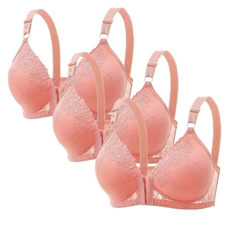 Gnurob 3 Pack Front Closure Bras for Women Lace Beauty Back Smoothing Bra Wirefree Bralettes Seamless Brassiere Full Coverage Bralette Comfort Breathable Underwear Clearance Saving Pink Large