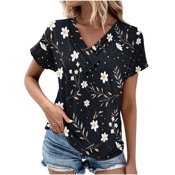 Tops de Algodón para Mujeres Cuello en V Moda Casual Manga Corta Primavera Verano Top para el Hogar Y Diario