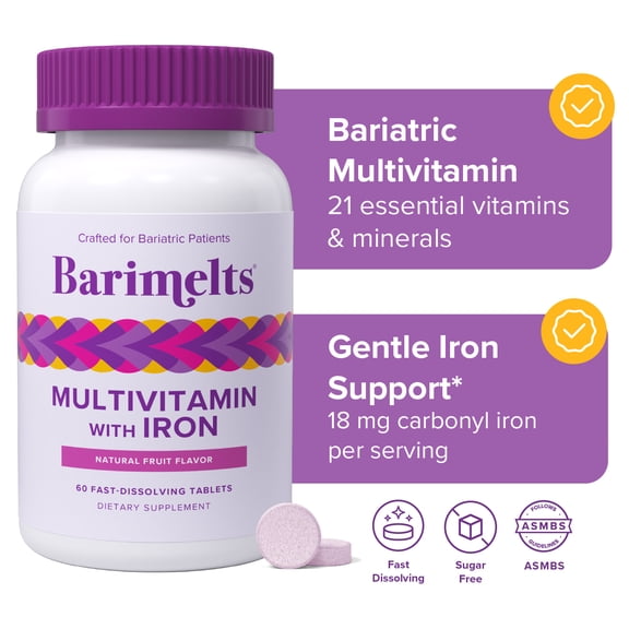 BariMelts Bariatric Multivitamin with Iron for Post-Weight Loss Surgery (WLS) - Natural Fruit Flavor, 60 Count