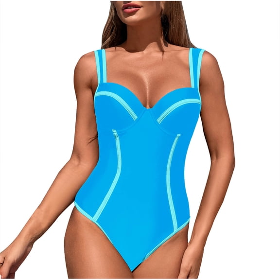 Plus Size One Piece Tankini Swimsuit for Womens Summer Fashion Solid Color V-neck Camisole Fold Retract Your Waist Bikini Swimsuit