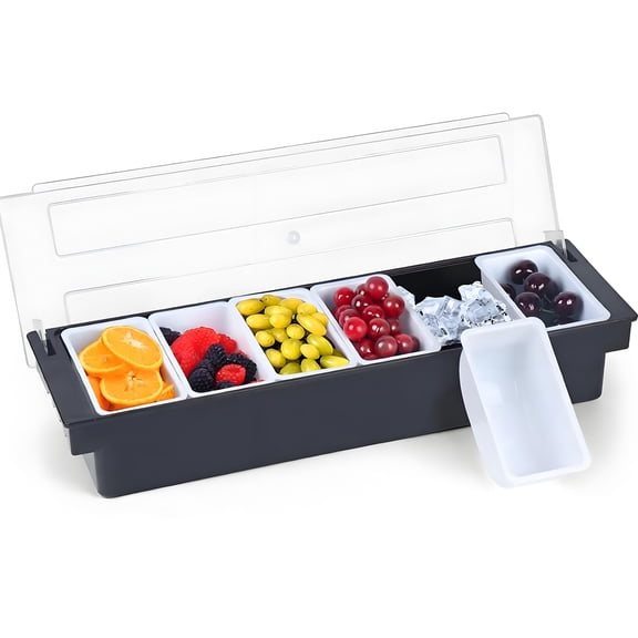 Ice Cooled Condiment Serving Container, Veggie & Condiment Caddy with Lid, Large 6 Removable Compartment Chilled Garnish Tray Bar Caddy for Bartending & Serving Taco,Salad,Fruit