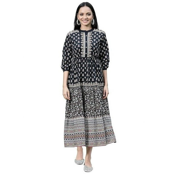 Juniper Black Ethnic Motif Printed Pure Cotton Tiered Maxi Dress