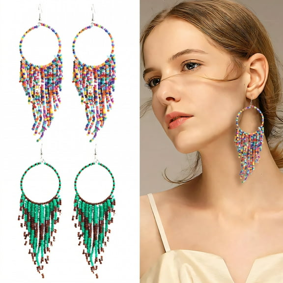DESIGNICE 2 Pairs Statement Earrings for Women,Alloy Seed Bead Tassels Beaded Earrings,Dangle Earrings for Women Wife Girlfriend Fashion Jewelry Accessories Gift,Style1