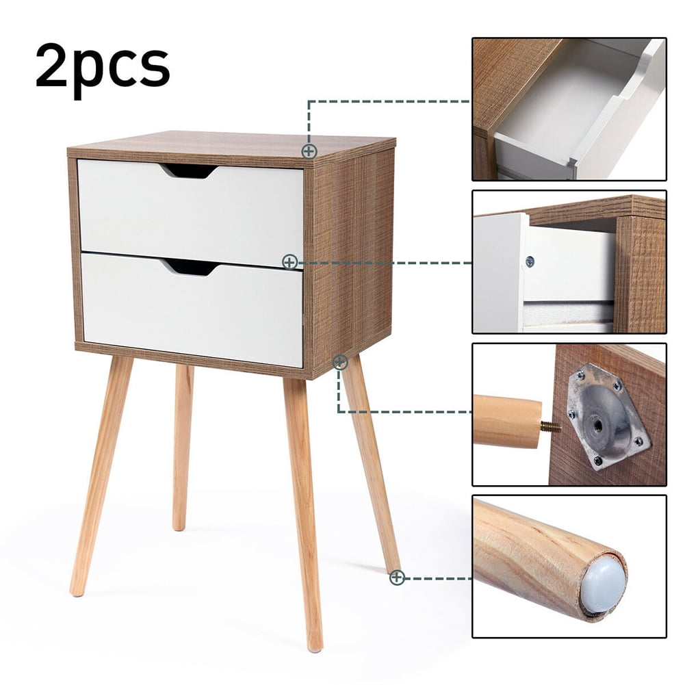 Kadyn Bedside Table Mid Century Modern Side Table with 2 Drawer, End Table with Storage and Solid Wood Legs for Bedroom Living Room, Nature