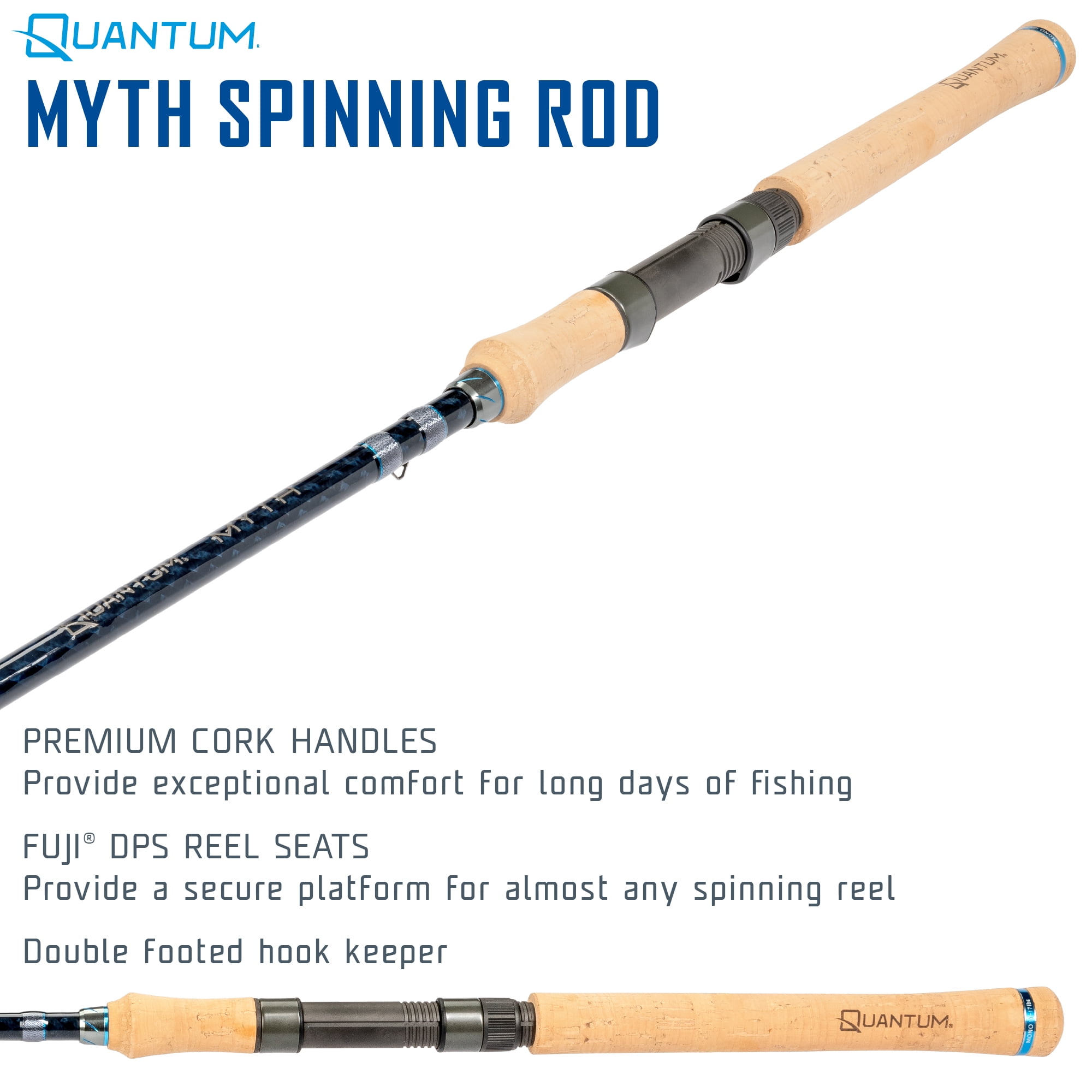 Quantum Myth Spinning Fishing Rod, 7-Foot, 1-Piece, Medium-Light Power, Fast Action Rod, HXS30 Graphite Blank, Seaguide Line Guides, Fuji DPS Reel Seat, Cork Handle, Gray/Blue